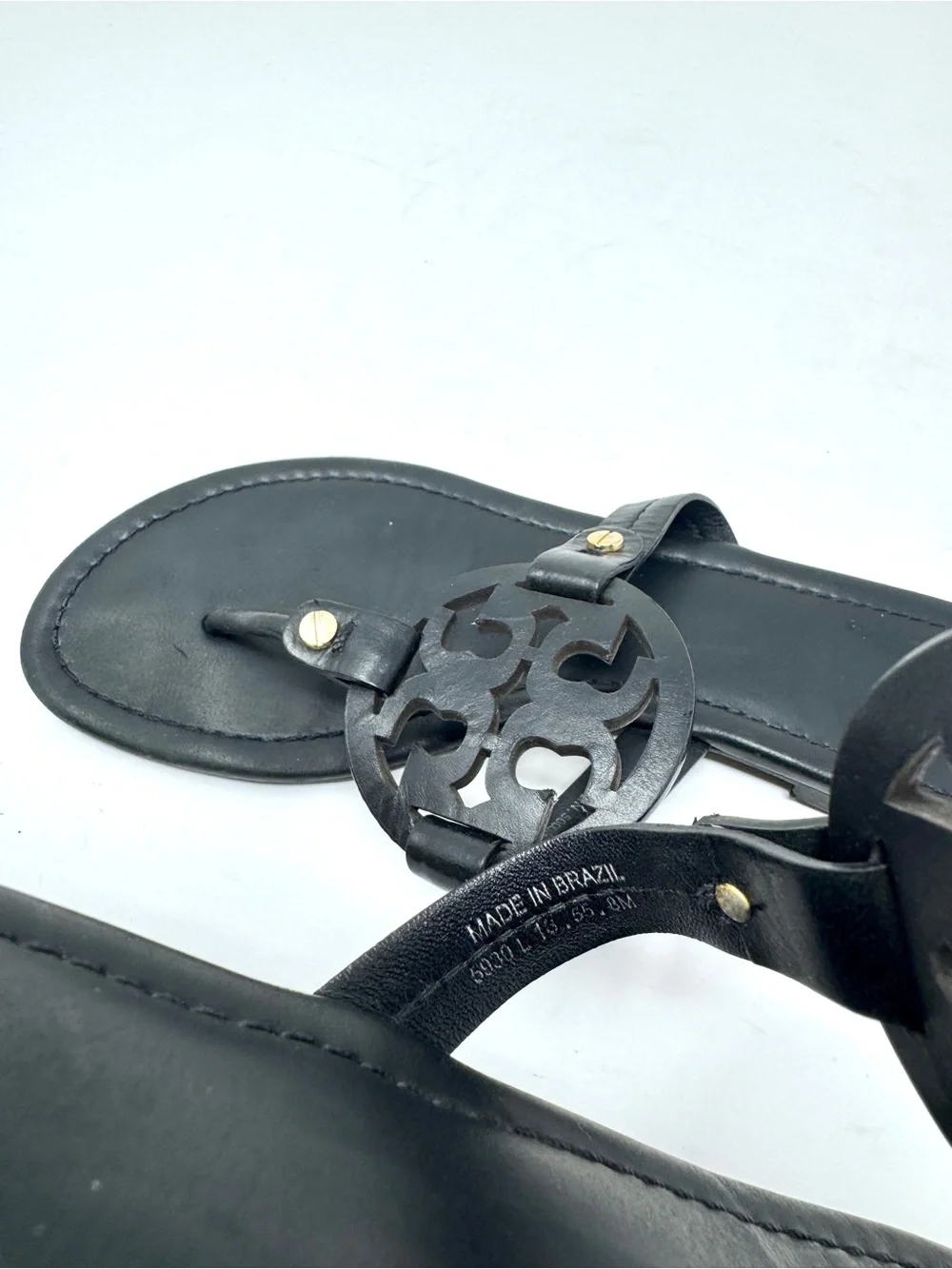 Tory Burch Miller Black Logo Medallion Leather Thong Sandals